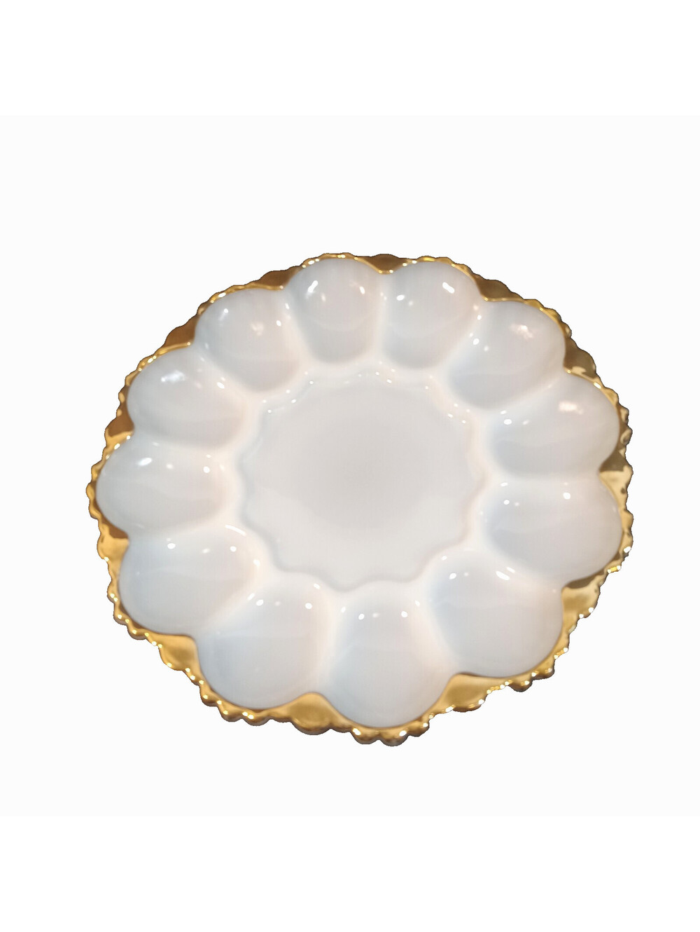 Anchor Hocking Fire King Deviled Egg Plate Milk Glass Gold Rim 10" Scalloped VTG